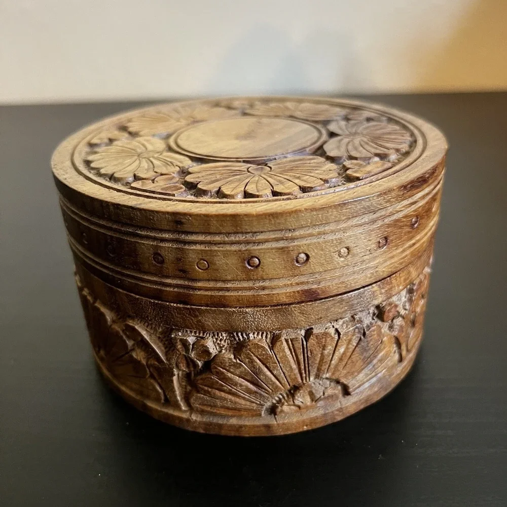 Vintage Wooden Box Floral Hand Carved Flowers Jewelry Trinket